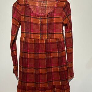 SO Sweater Dress Womens XS Multi Plaid Pleated Peplum Hem Long Sleeve Snap Front